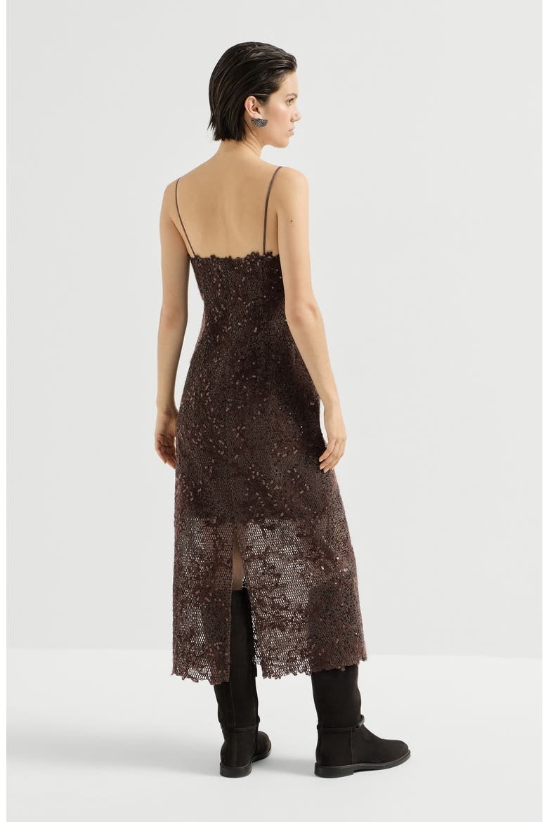 Dazzling lace embroidery dress in sparkling mohair and wool, Alternate, color, Brown Gianduia