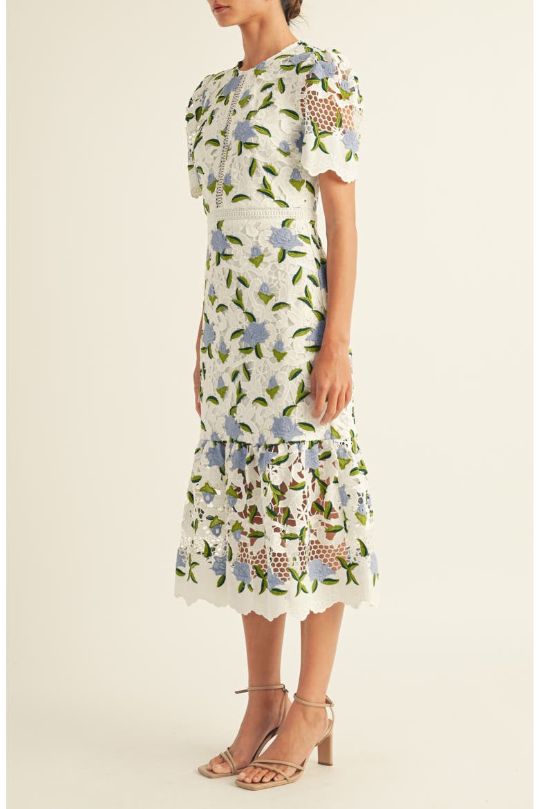 Bella Embroidered Floral Cutwork Cocktail Midi Dress, Alternate, color, OFF WHITE/ BLUE MULTI