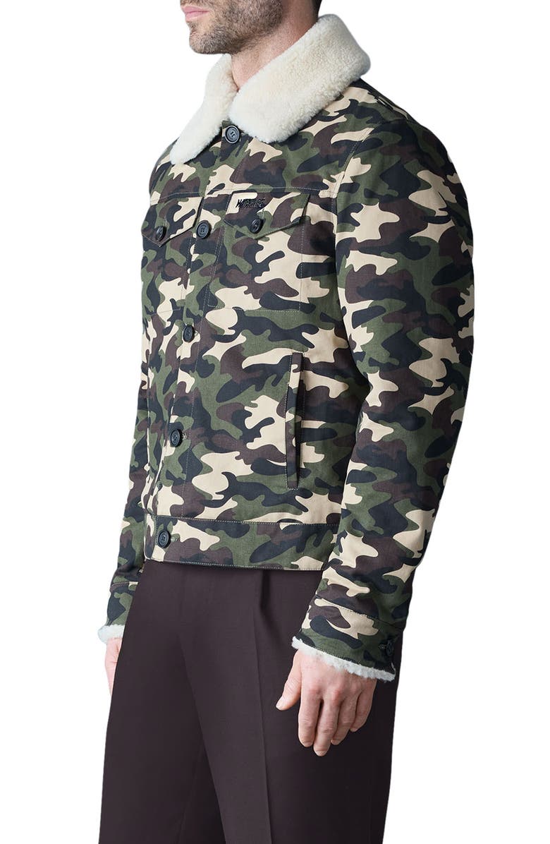 Mackage Nash Camo Cotton Trucker Jacket with Removable Genuine Shearling Collar, Alternate, color, Camouflage Print
