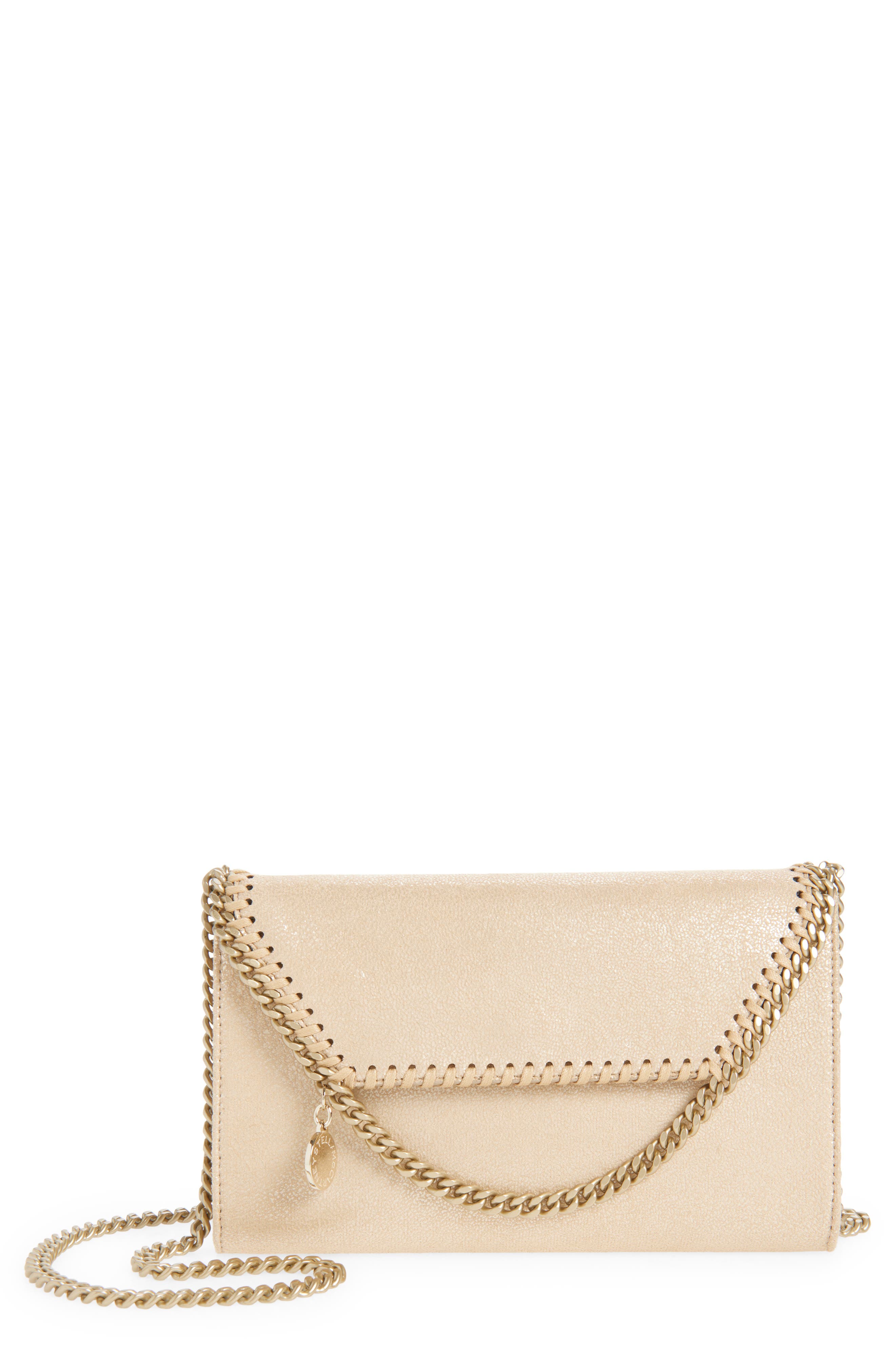 Falabella Shiny Dot Faux Leather Wallet on a Chain, Main, color, GOLD
