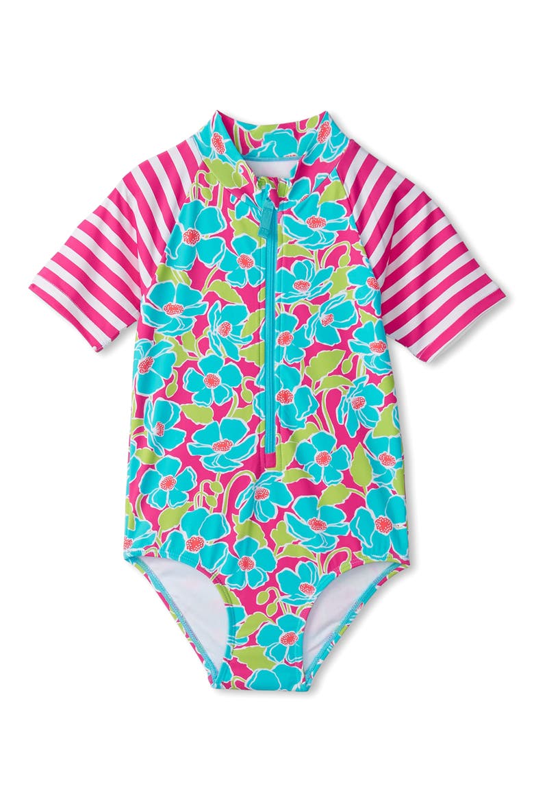 Kids' Floating Poppies Short Sleeve One-Piece Rashguard Swimsuit, Main, color, BLUE/ PINK MULTI