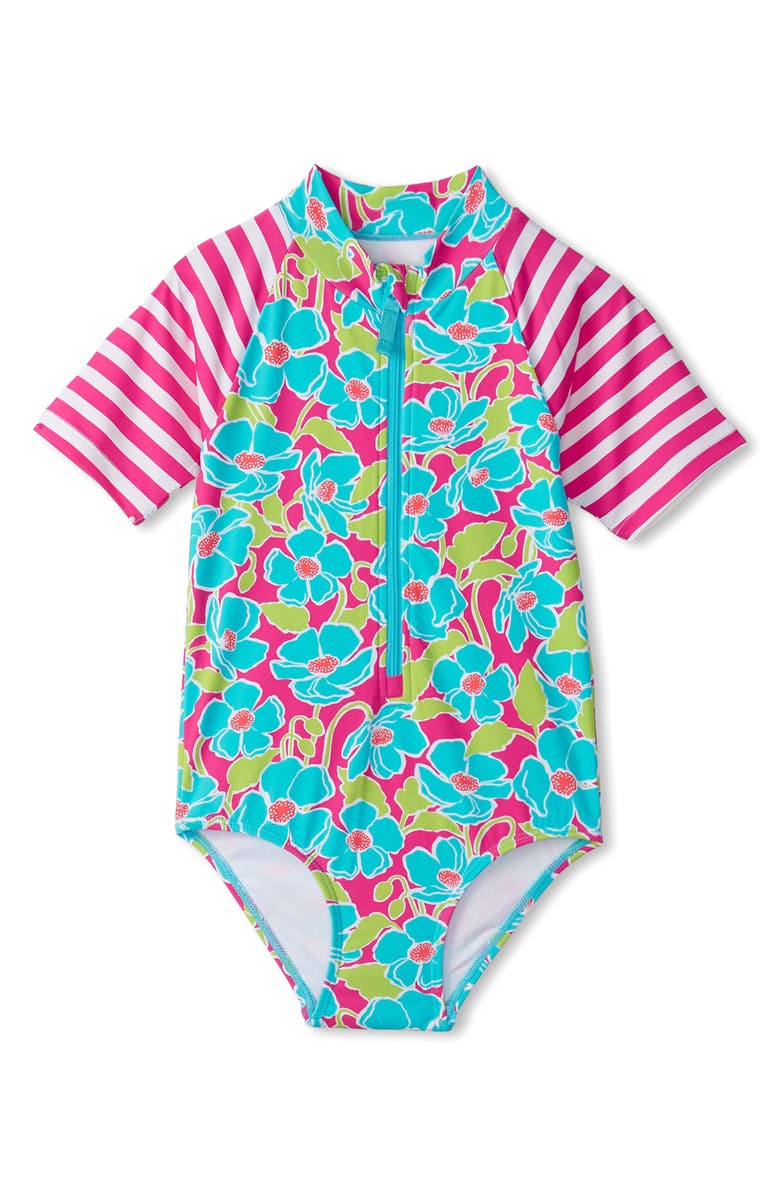 Hatley Kids' Floating Poppies Short Sleeve One-Piece Rashguard Swimsuit, Main, color, 