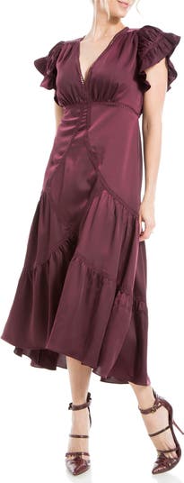 Flutter Sleeve Satin Midi Dress