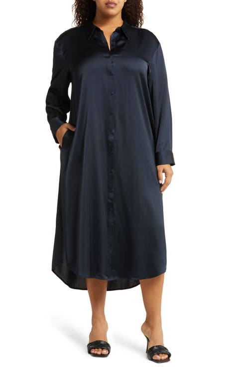 Long Sleeve Satin Midi Shirtdress (Plus)