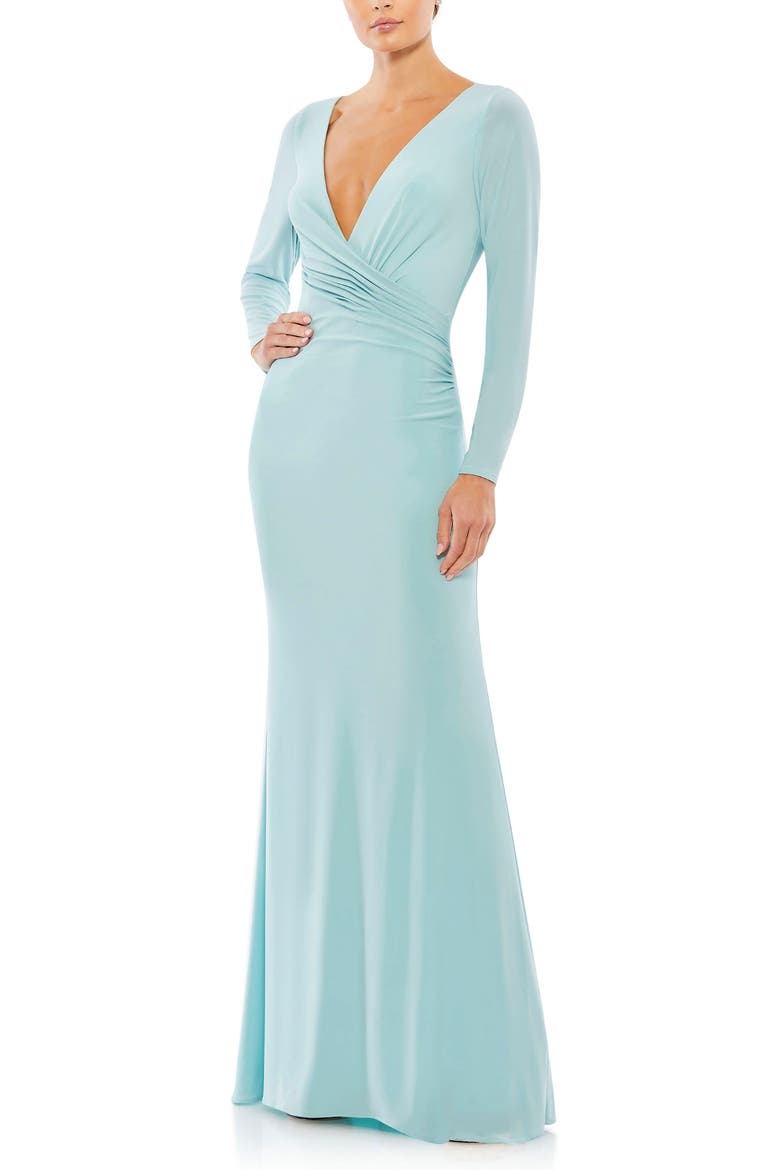 Long Sleeve Ruched Jersey V-Neck Gown, Main, color, Powder Blue