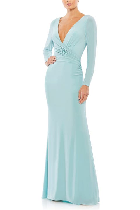 Long Sleeve Ruched Jersey V-Neck Gown