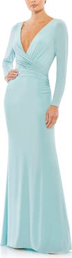 Mac Duggal Long Sleeve Ruched Jersey V-Neck Gown