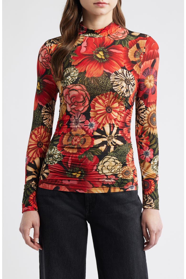 Flowershop Long Sleeve Mock Neck Jersey Top, Main, color, BLACK