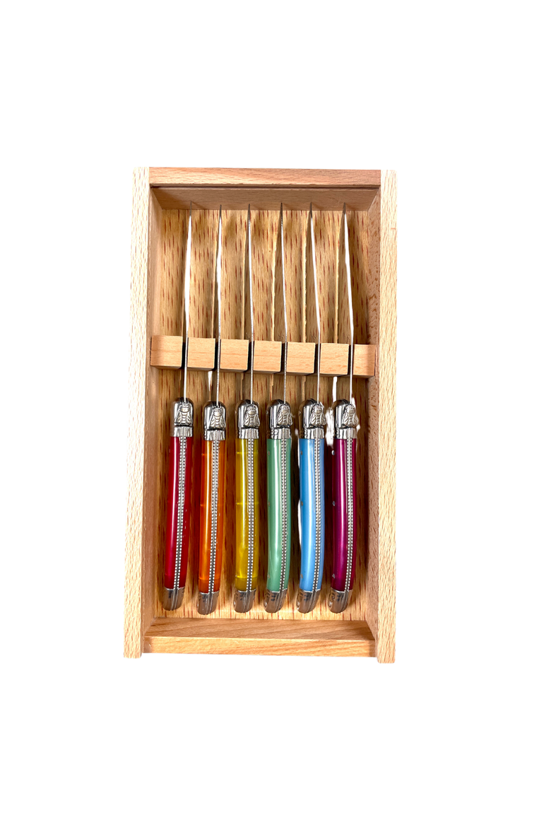 6 Piece Steak Knife Set, Platine Rainbow in Wood Box with Acrylic Lid, Main, color, Beige