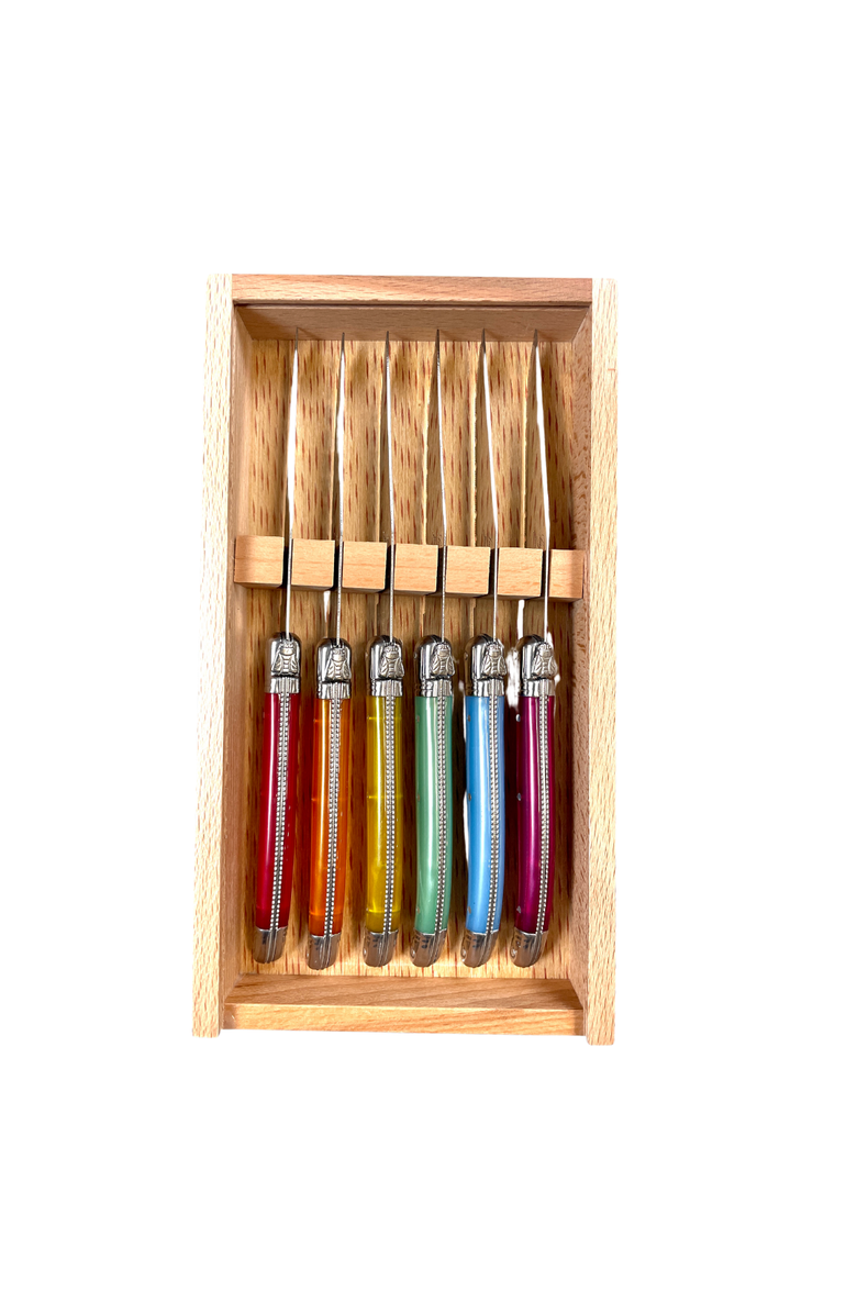 Be Home Laguiole 6 Piece Steak Knife Set, Platine Rainbow in Wood Box with Acrylic Lid, Main, color, Beige