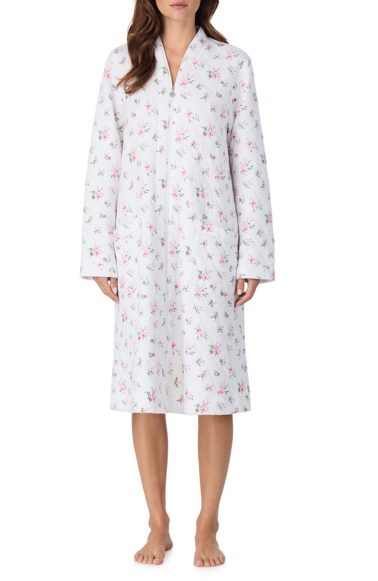 Eileen West Waltz Floral Zip-Up Quilted Cotton Robe, Main, color, Pink Bouqet
