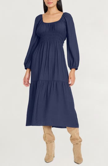 The Good Journey Long Sleeve Smocked Midi Dress In Blue