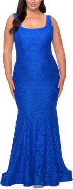 La Femme Stretch Lace Plus Size Gown with Beading