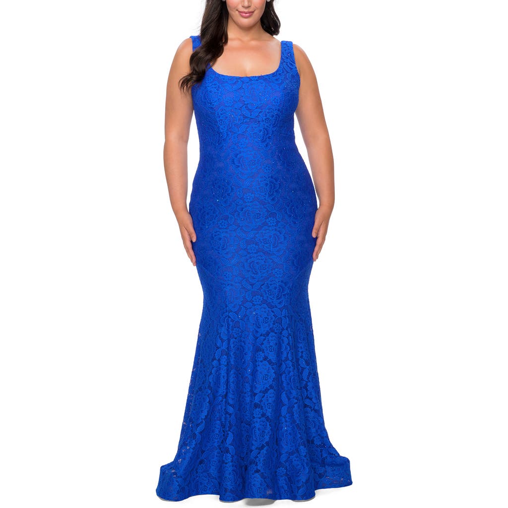 La Femme Stretch Lace Plus Size Gown With Beading In Royal Blue