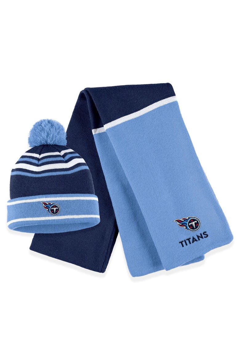 Women's WEAR by Erin Andrews Navy Tennessee Titans Colorblock Cuffed Knit Hat with Pom and Scarf Set, Main, color, Navy