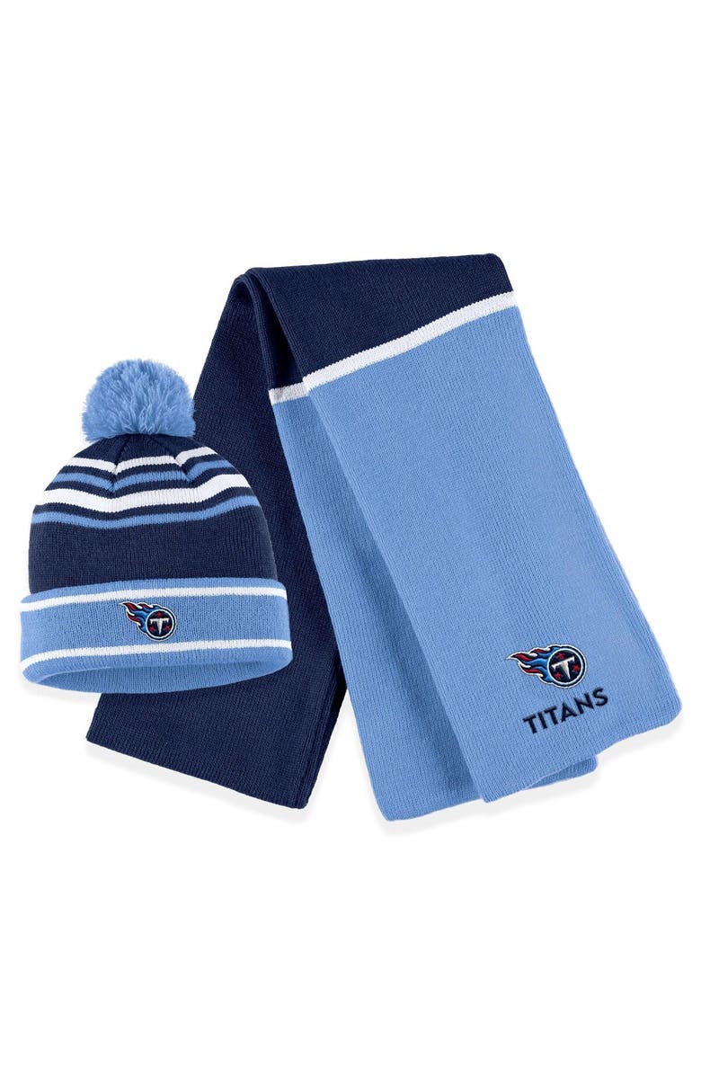 WEAR by Erin Andrews Women's WEAR by Erin Andrews Navy Tennessee Titans Colorblock Cuffed Knit Hat with Pom and Scarf Set, Main, color, Navy