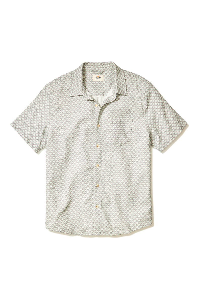 Classic Leaf Print Short Sleeve Stretch Cotton Selvage Button-Up Shirt, Alternate, color, AQUA AGAVE PRINT