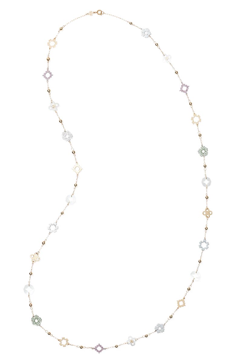 Tory Burch Forget Me Not Long Station Necklace, Main, color, Gold Multi