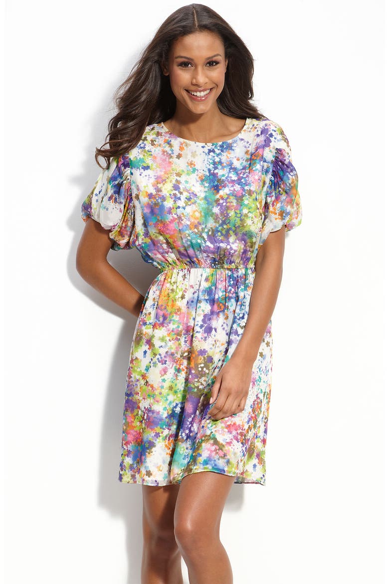 Floral Print Chiffon Dress, Main, color, WHITE/ PURPLE