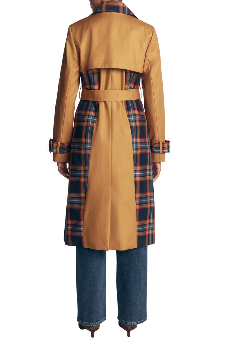 Plaid Accent Double Breasted Cotton Trench Coat, Alternate, color, CAMEL