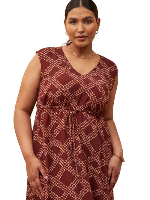 Live Unlimited Geo Print V-neck Hanky Hem Dress In Brown