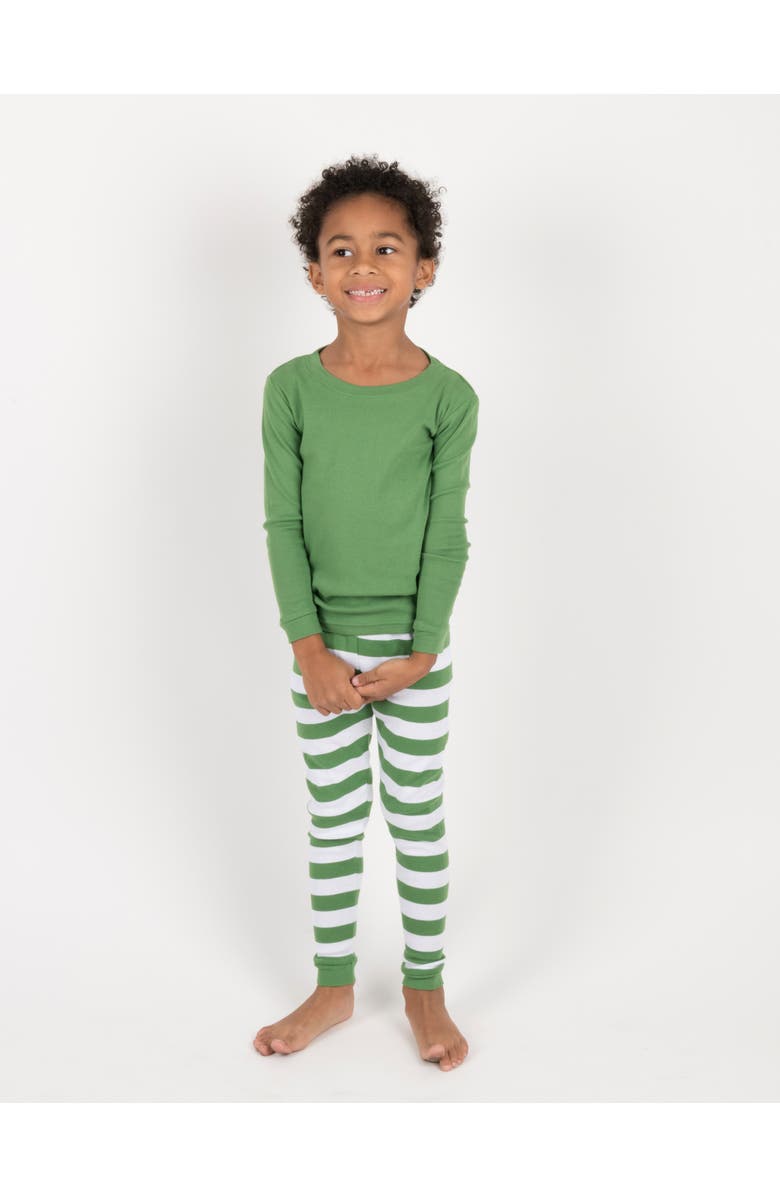 Leveret Kids Two-Piece Striped Cotton Matching Family Holiday Pajamas, Alternate, color, Solid Green Top & Striped Pant