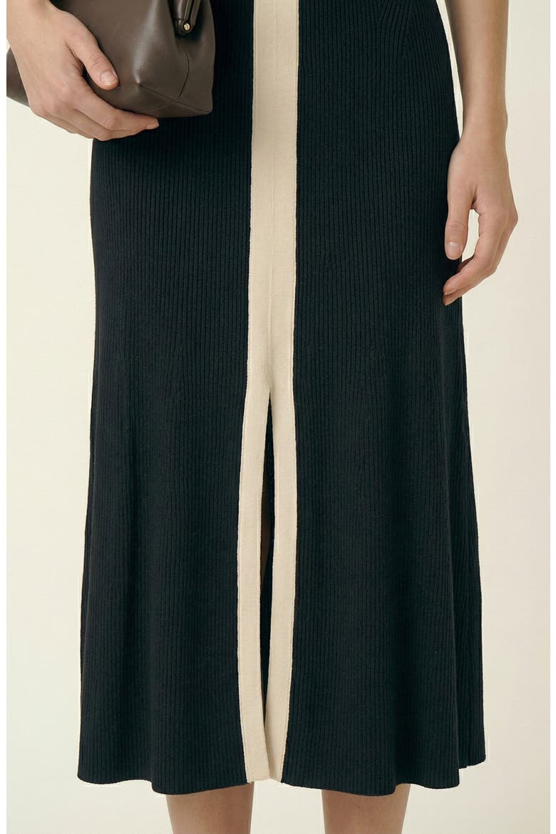 Ribbed Knit Contrast Placket Midi Dress, Alternate, color, Black