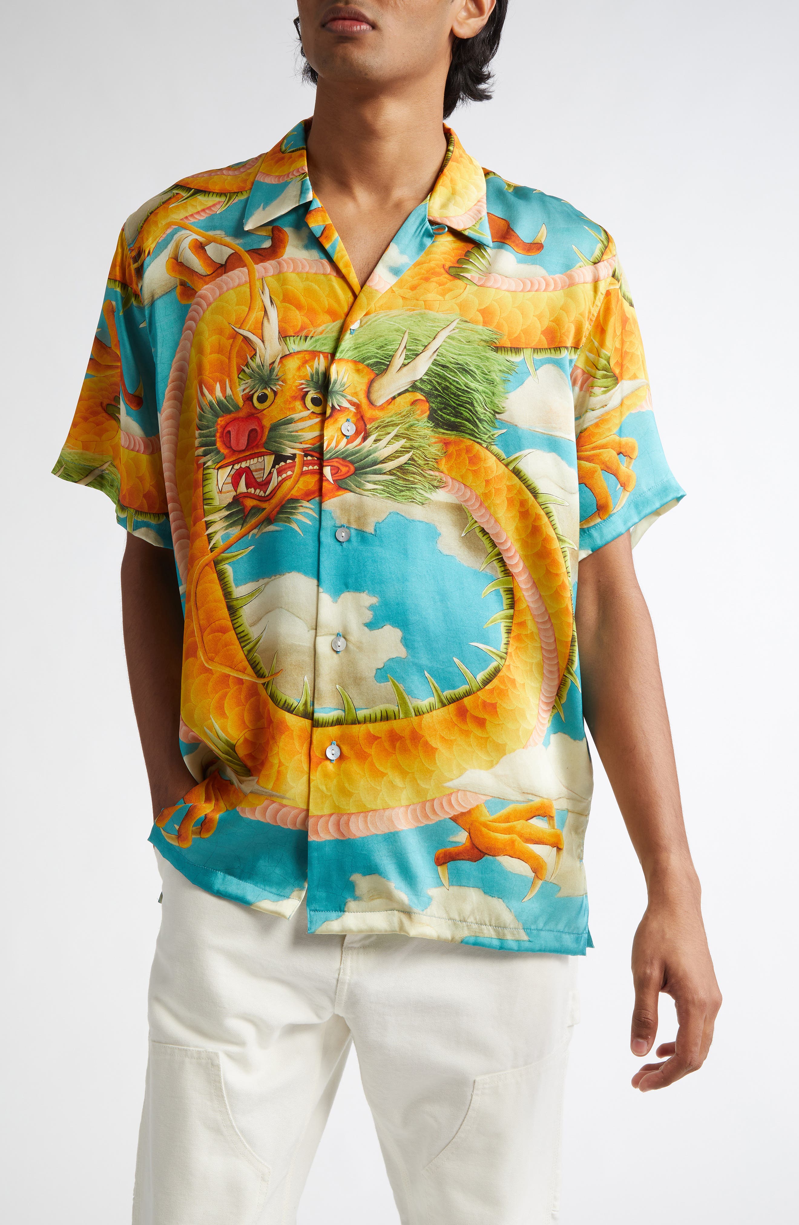 ENDLESS JOY Enter the Dragon Silk Crepe Button-Up Shirt in Turquoise 