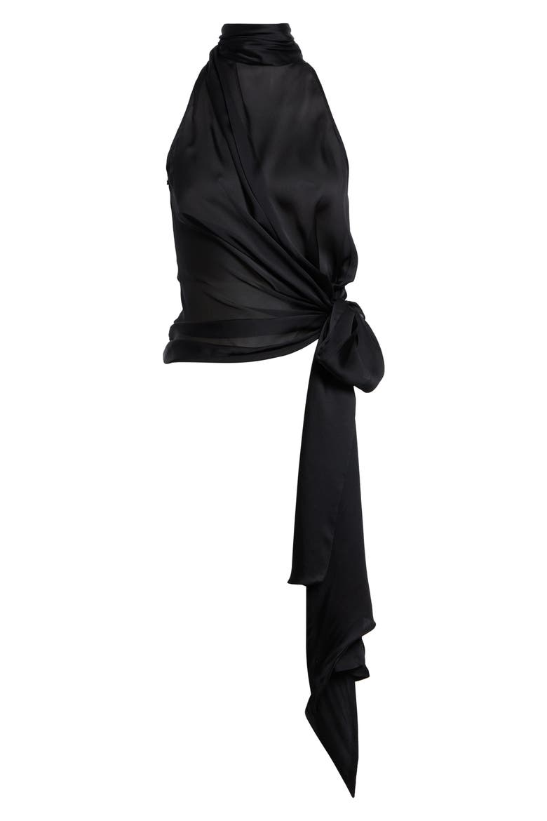Bow Detail Silk Halterneck Shell, Alternate, color, 0PA BLACK