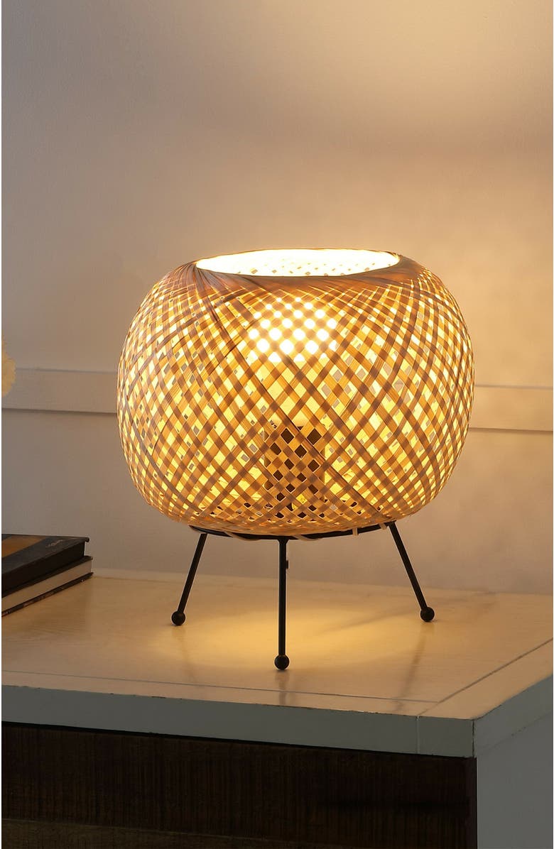 JONATHAN Y Palma Bohemian Rustic Iron/Rattan LED Mini Table Lamp with Smart Bulb, Alternate, color, Light Brown/Black