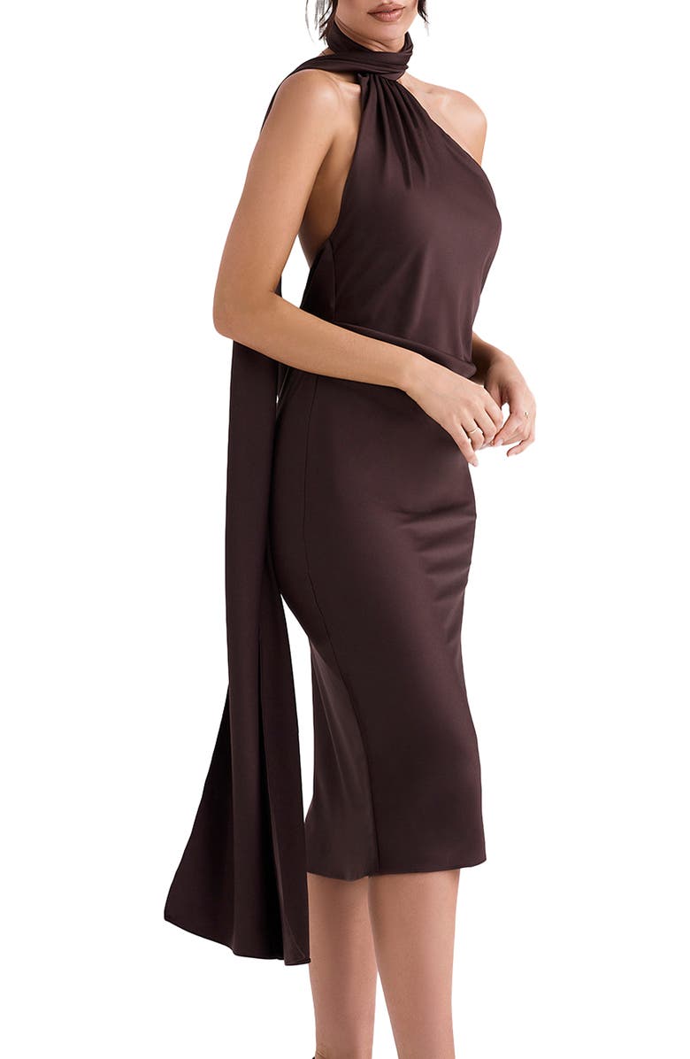 HOUSE OF CB Angelina Asymmetric Halter Midi Dress, Alternate, color, Brown