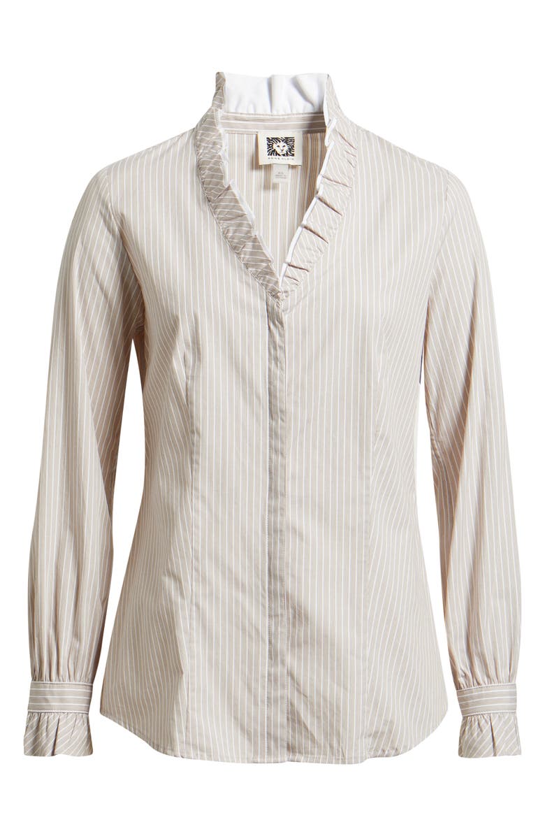 Anne Klein Ruffle Detail Stripe Cotton Button-Up Shirt, Main, color, Light Porcini Multi