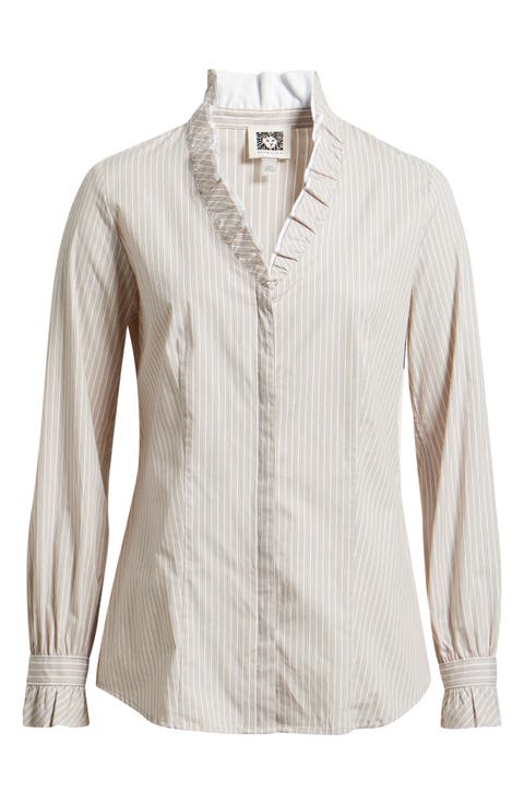 Ruffle Detail Stripe Cotton Button-Up Shirt