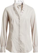 Anne Klein Ruffle Detail Stripe Cotton Button-Up Shirt