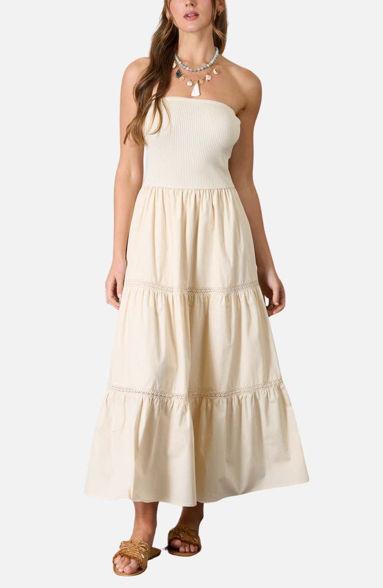 Blu Pepper Strapless Mixed Media Midi Dress, Main, color, Natural