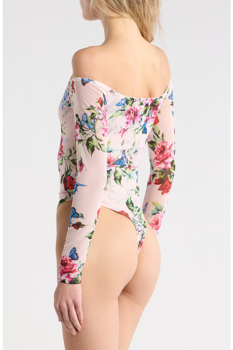 Peonie Off the Shoulder Long Sleeve Mesh Bodysuit, Alternate, color, LIGHT PINK MULTI FEMME ROSE