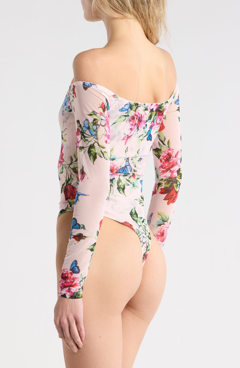 L'AGENCE Peonie Off the Shoulder Long Sleeve Mesh Bodysuit, Alternate, color, Light Pink Multi Femme Rose