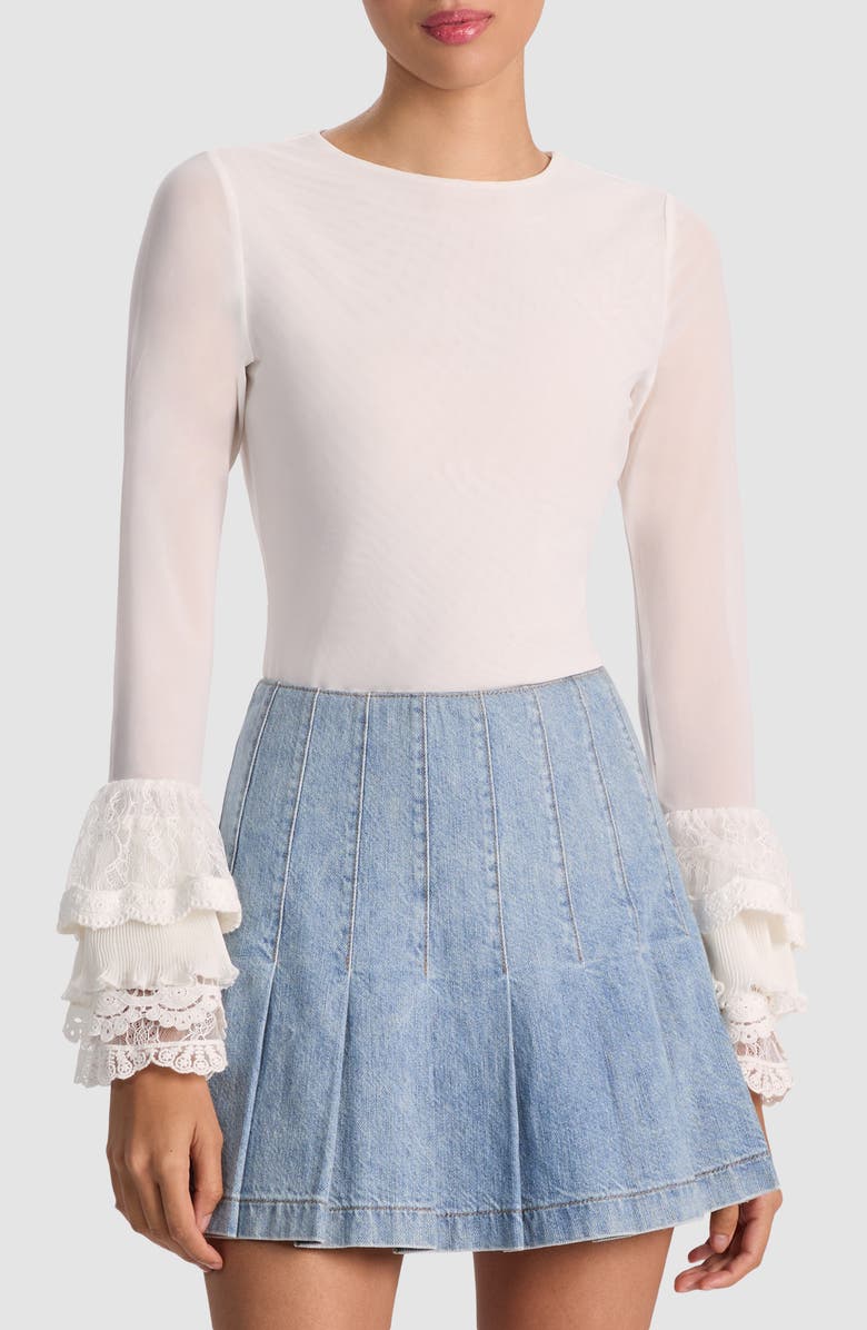Alice + Olivia Delania Mesh Ruffle Cuff Top, Main, color, Off White