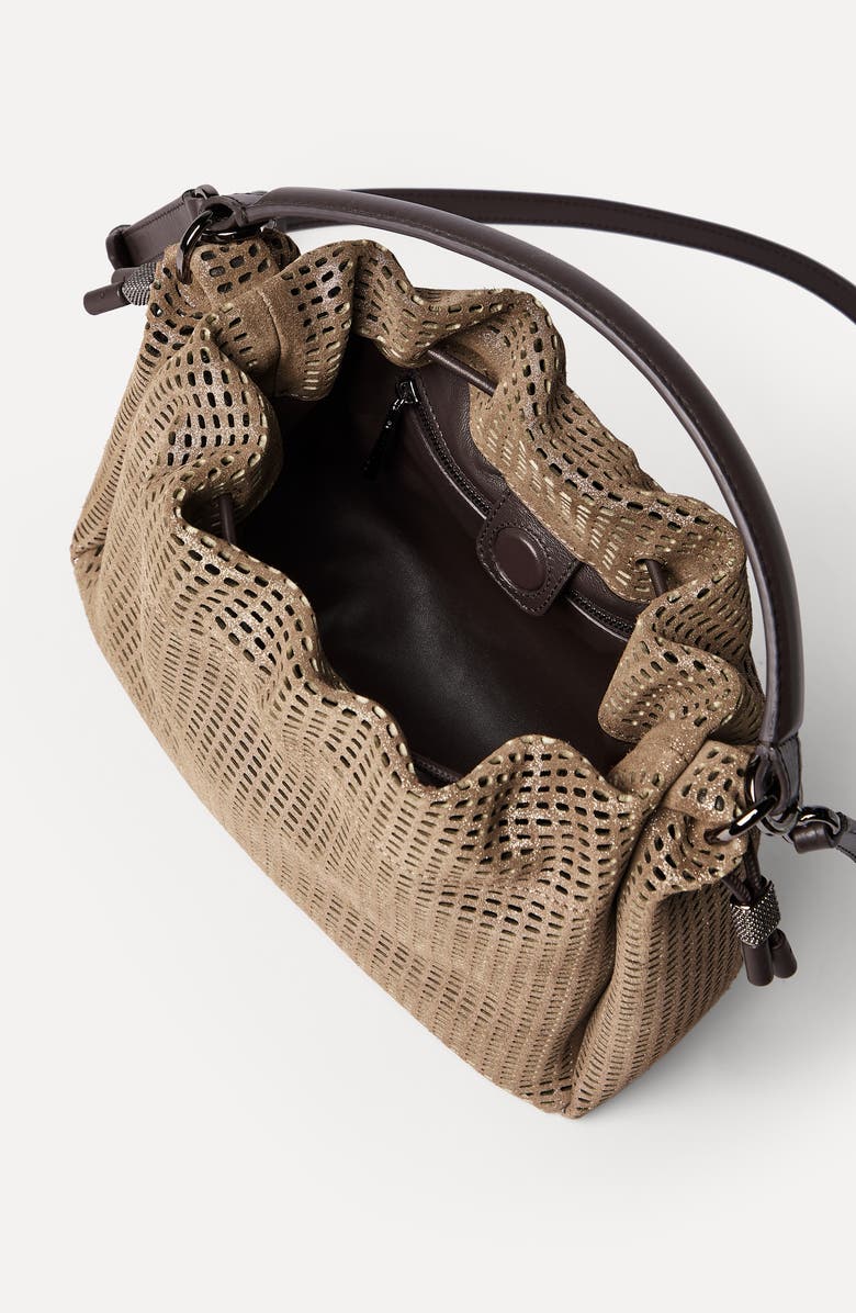 Brunello Cucinelli Leather Mellow small bucket bag, Alternate, color, Brown