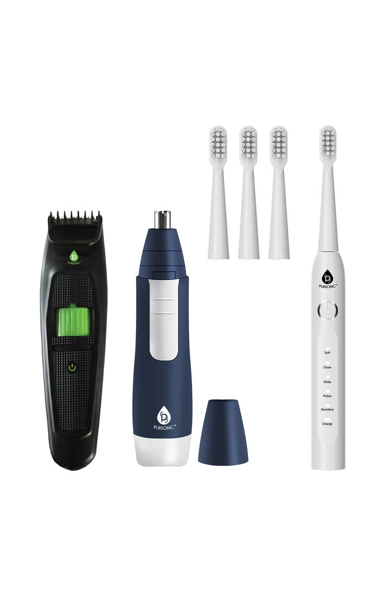 PURSONIC GroomSmart Trio Bundle - USB Rechargeable Electric Toothbrush, Beard & Body Trimmer, and Nose & Ear Hair Trimmer for a Complete Grooming Experience, Main, color, Multicolor