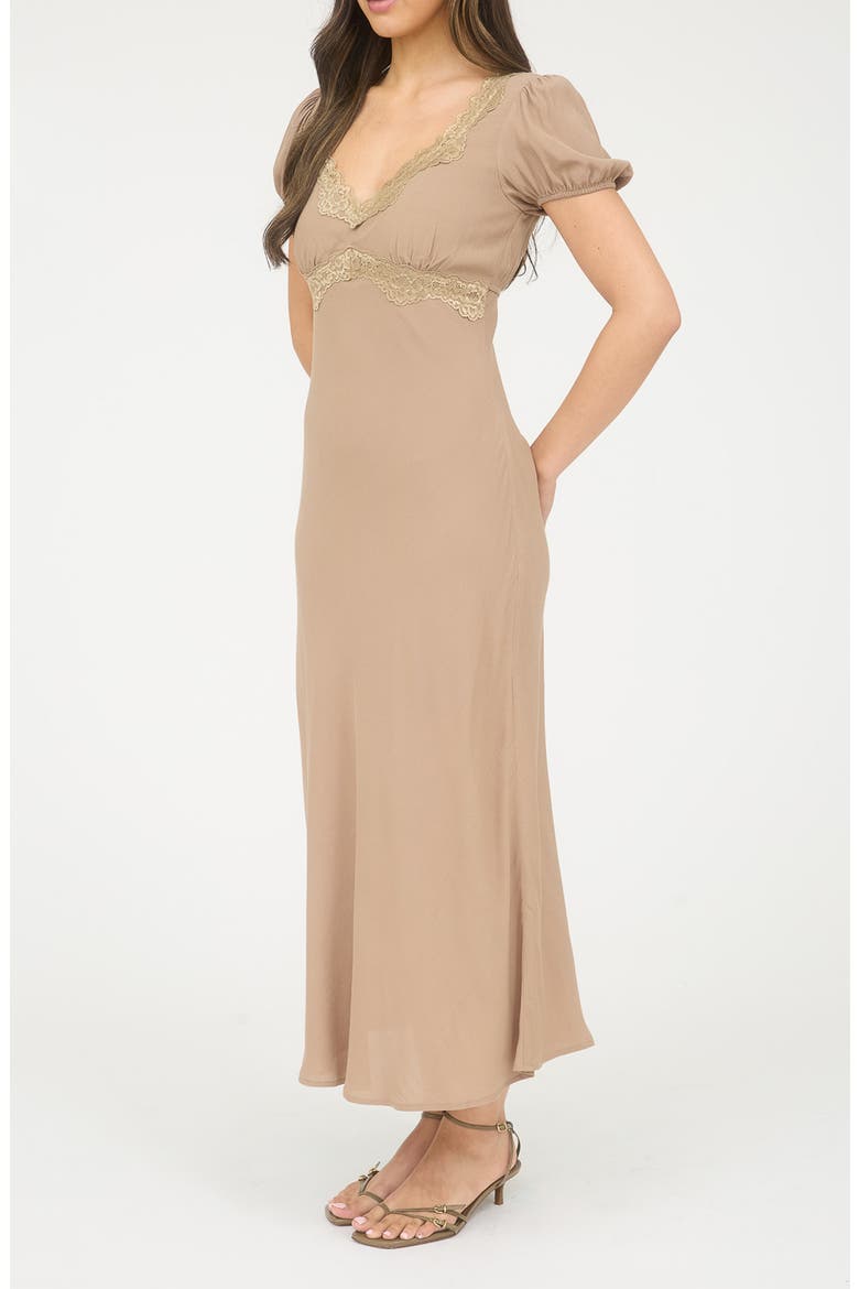 Lace Trim Puff Sleeve Midi Dress, Alternate, color, TAUPE
