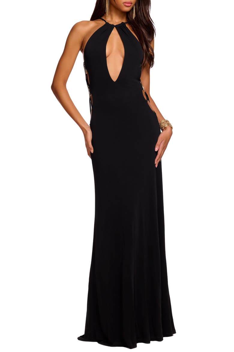 Cutout Detail Body-Con Gown, Main, color, BLACK