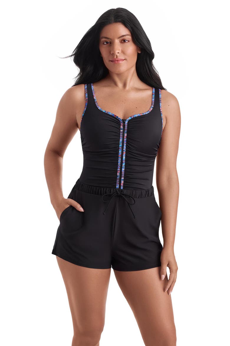 Shirred Zipper Runaround Chlorine Resistant One-Piece Swimsuit, Main, color, Marble Swirl