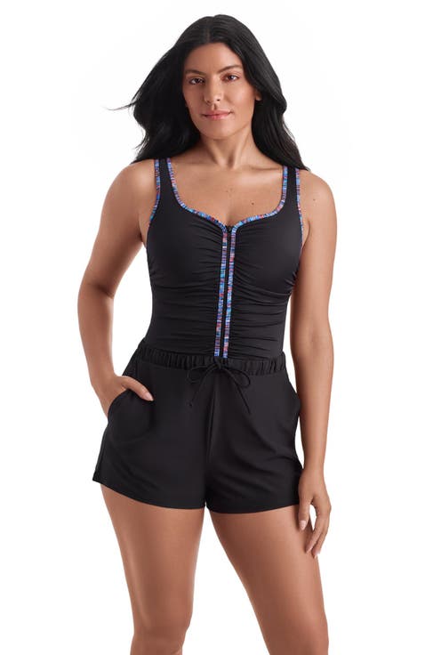 Shirred Zipper Runaround Chlorine Resistant One-Piece Swimsuit
