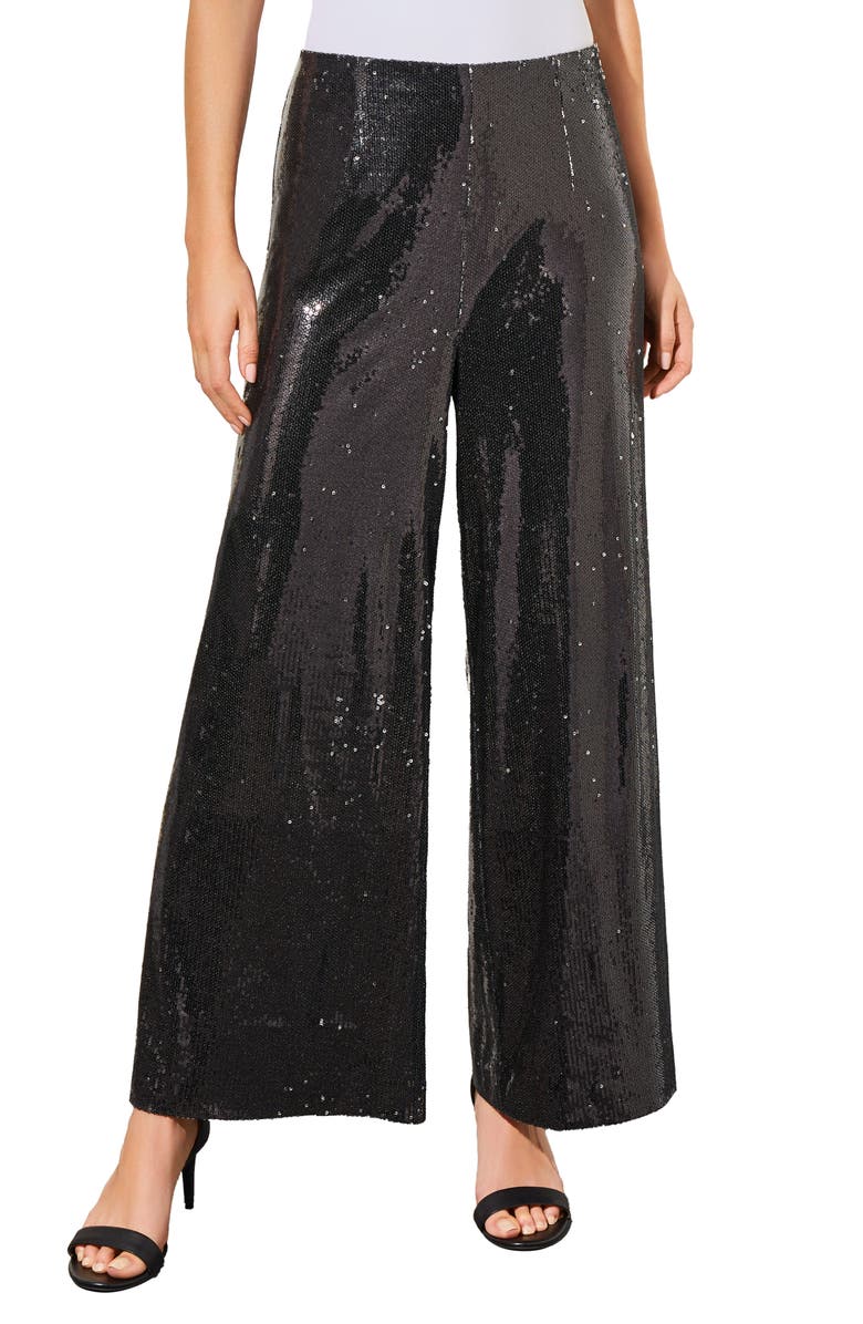 Ming Wang Novelty Sequin Wide Leg Pants, Main, color, Black