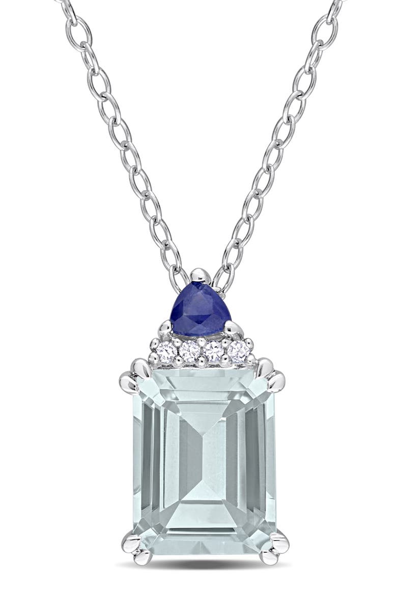 Sterling Silver Aquamarine, Sapphire & Diamond Pendant Necklace, Main, color, BLUE