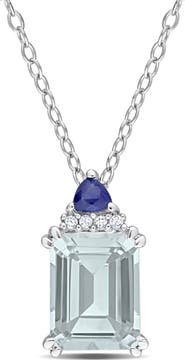 DELMAR Sterling Silver Aquamarine, Sapphire & Diamond Pendant Necklace