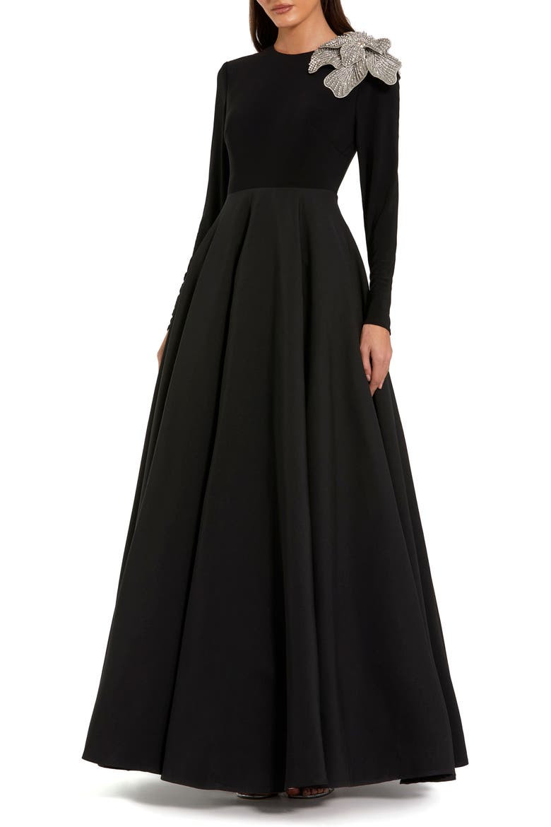 Petite Long Sleeve Taffeta 3D Flower Ball Gown, Main, color, Black