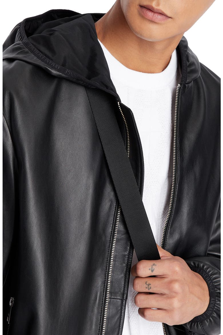 Hooded Leather Jacket, Alternate, color, SOLID BLACK