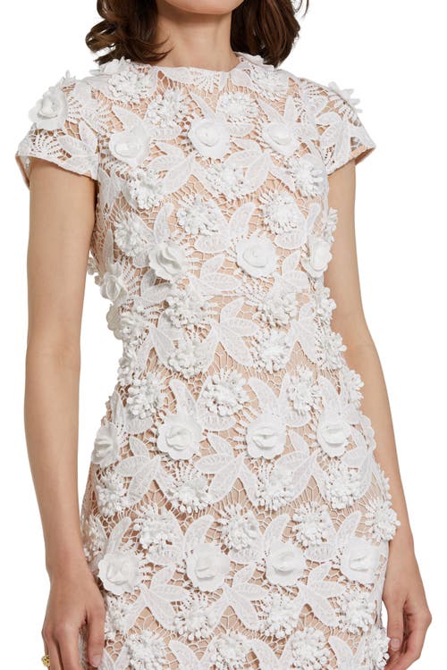 Mac Duggal Lace 3d Flower Fitted Short Sleeve Midi Dress In Ivory Nude